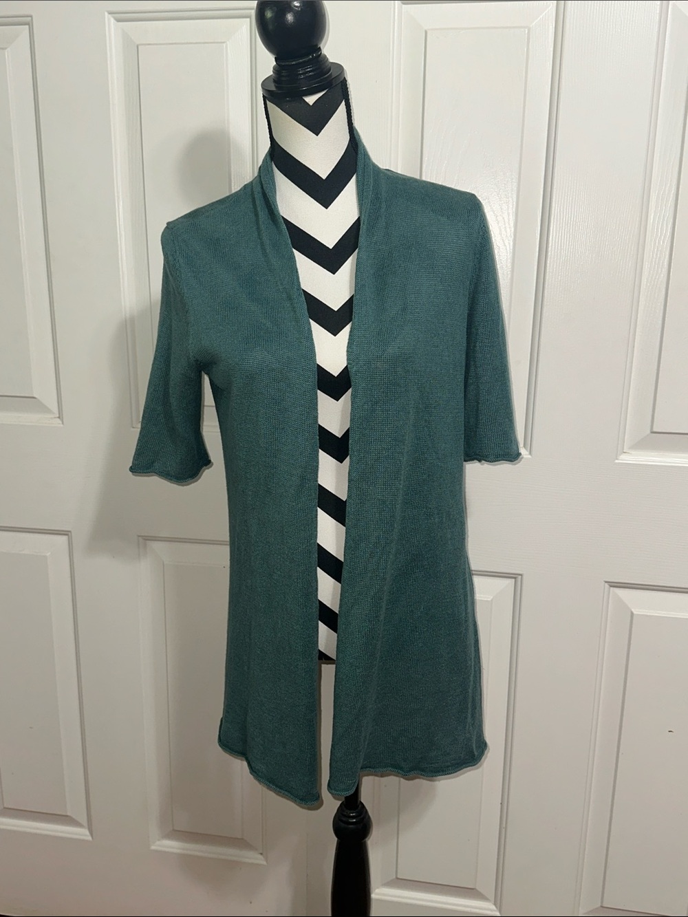 Eileen Fisher Teal Linen Open-Front Short-Sleeve Cardigan